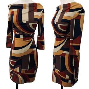 Vintage Y2k Bodycon Mini Dress Tunic Off Shoulder Graphic Geometric Print XS